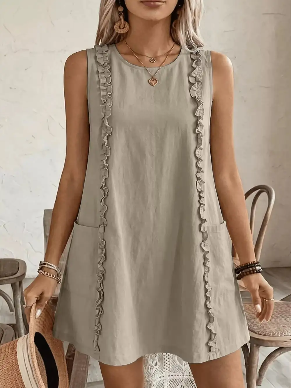 Round Neck Ruffle Sleeveless Dress Casual