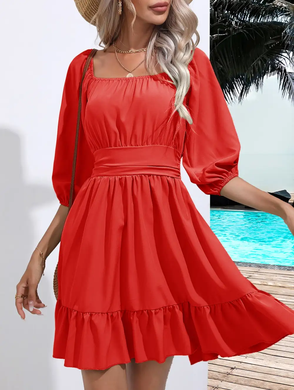 Square Neckline Ruffled Tie Up Short Dress