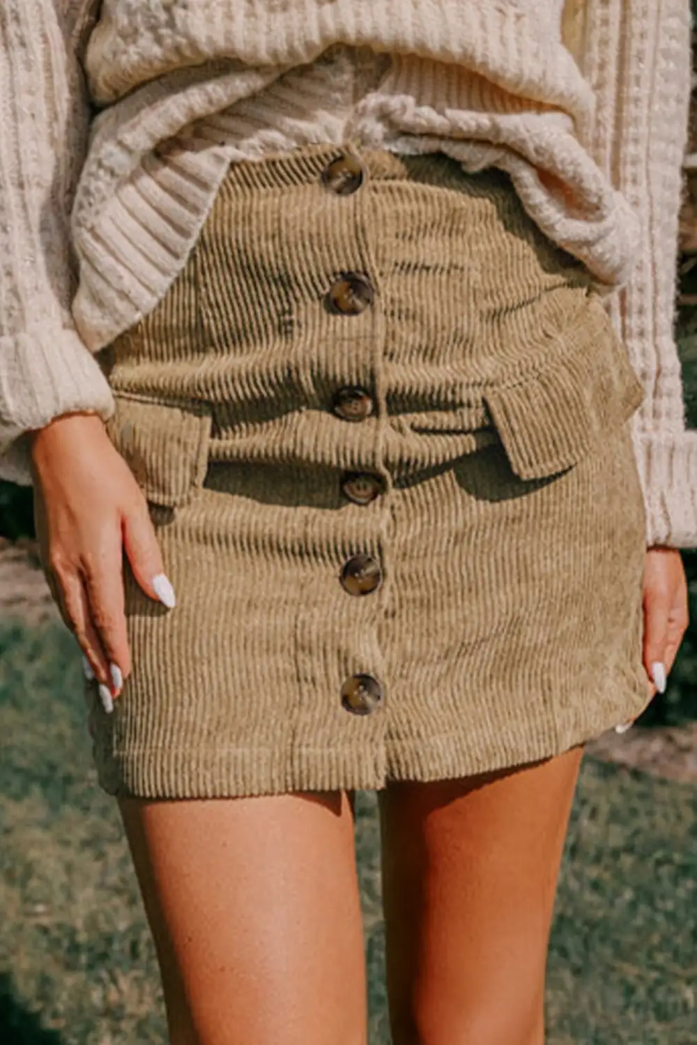 Textured Button Front Pocket Detail Skirt
