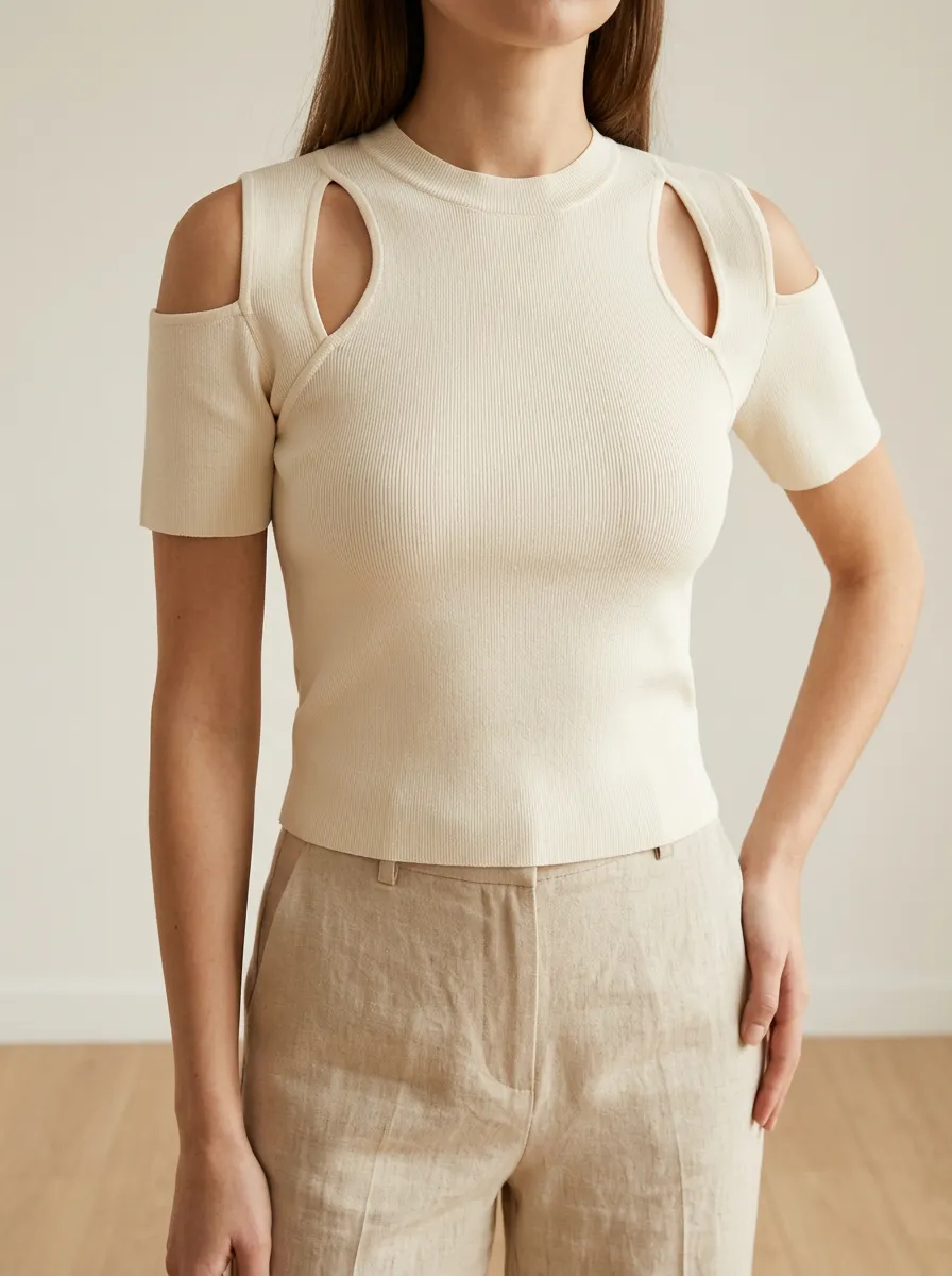 Women's Casual Fashion Cream Ribbed Cold Shoulder Top