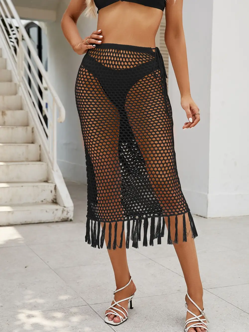 Fringe Openwork High Waist Skirt Swim Dress