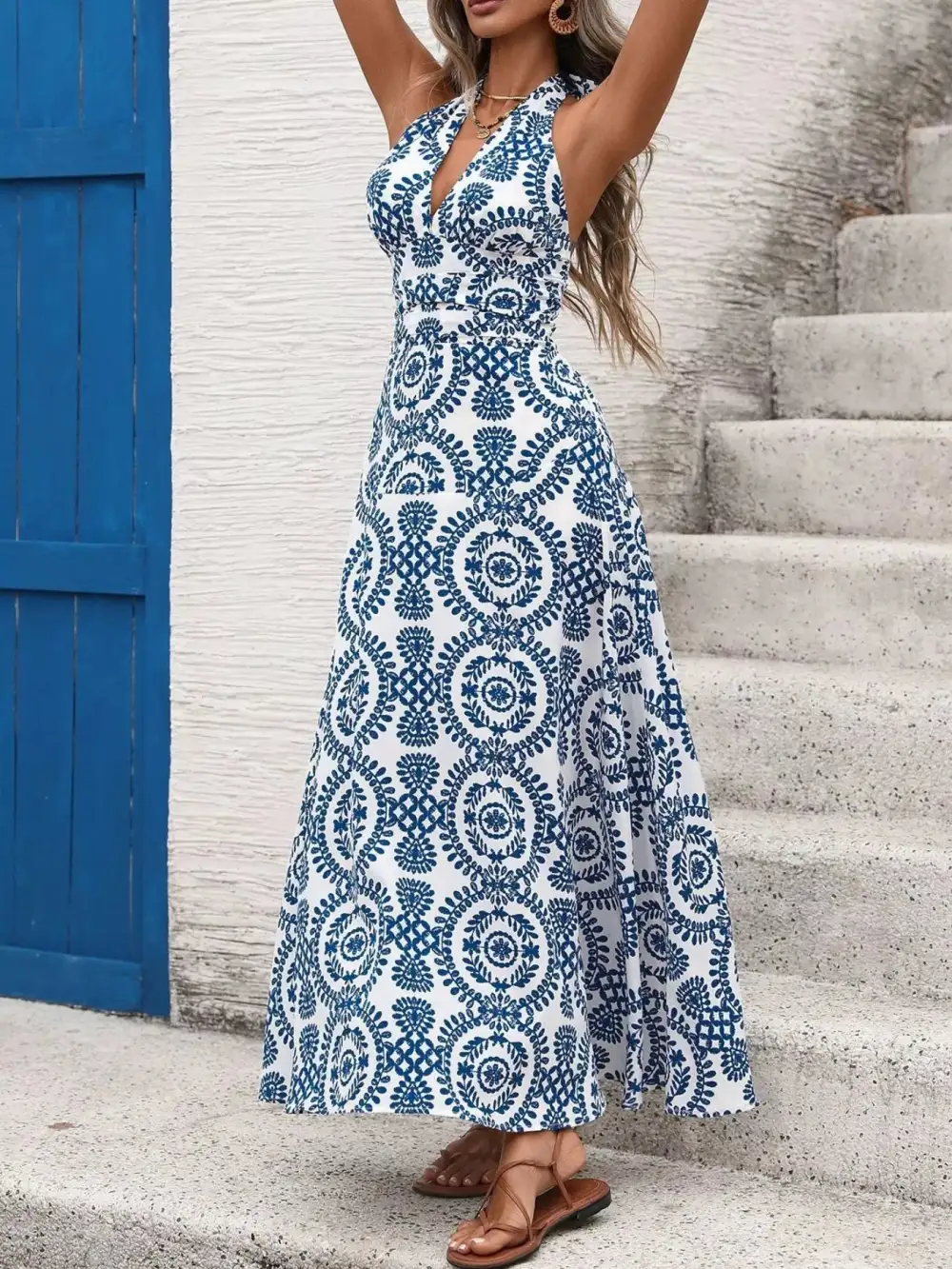 Textured Detail Printed Maxi Dress