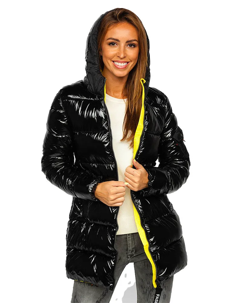 Black and yellow women's quilted winter jacket with hood