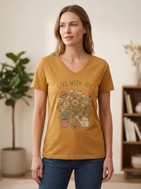 Women's Gardening Live With Joy Floral Print V-Neck T-Shirt