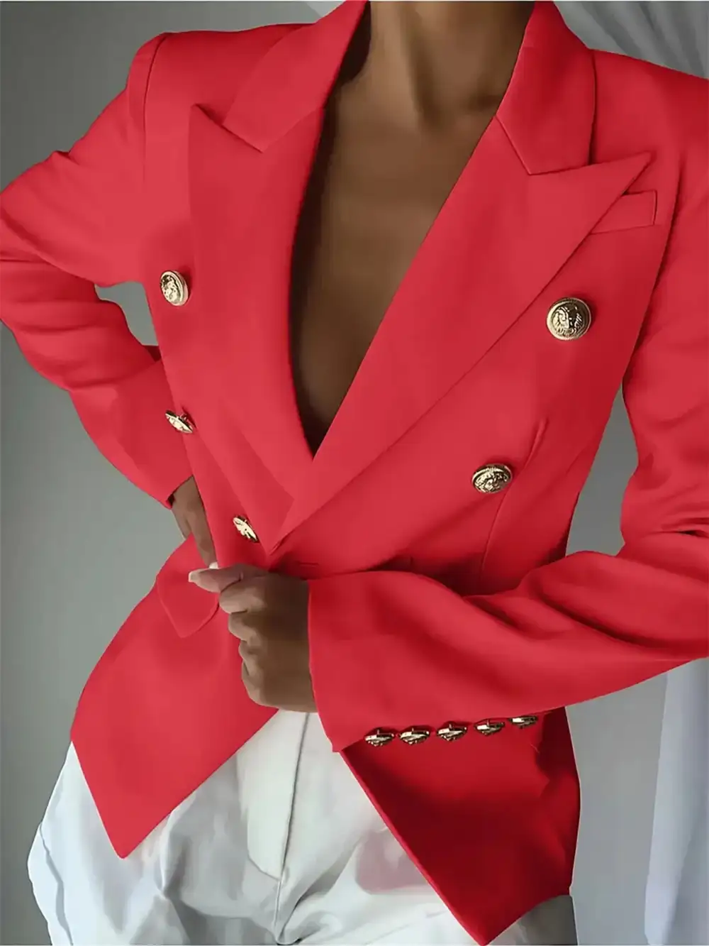 Double-Breasted Lapel-Collar Blazer
