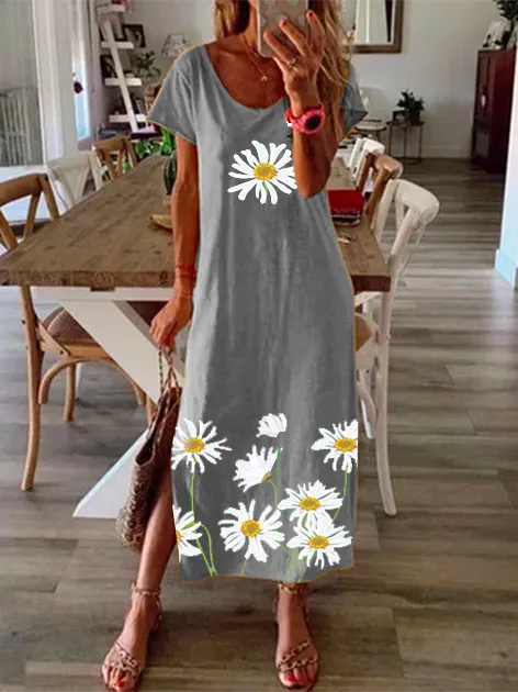 Women Vintage Floral Short Sleeve Printe Maxi Dresses