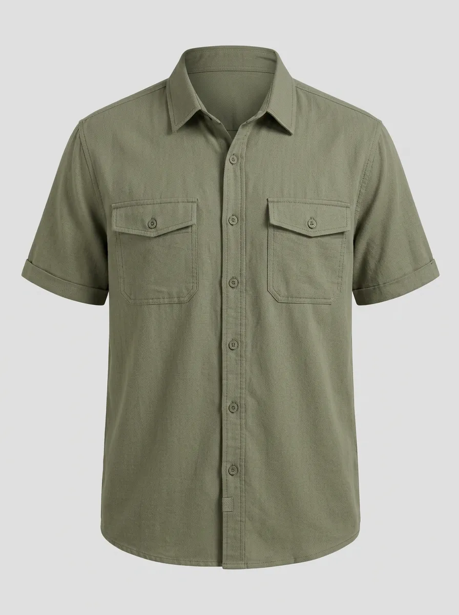 Men's Casual Outdoor Olive Green Double Pocket Short Sleeve Shirt
