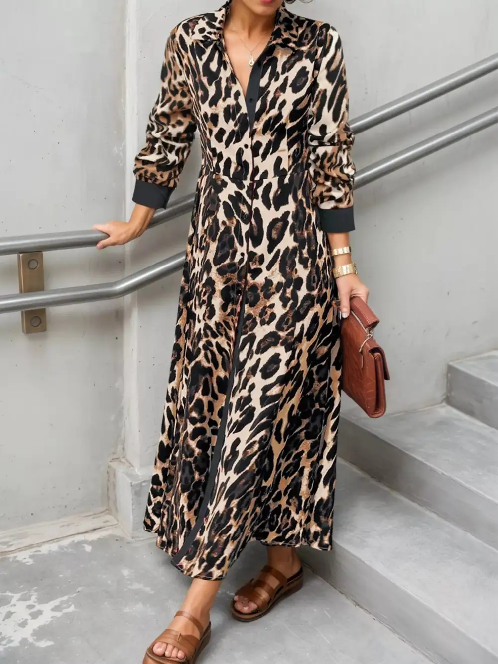 Long Sleeve Printed Colorblock Maxi Dress