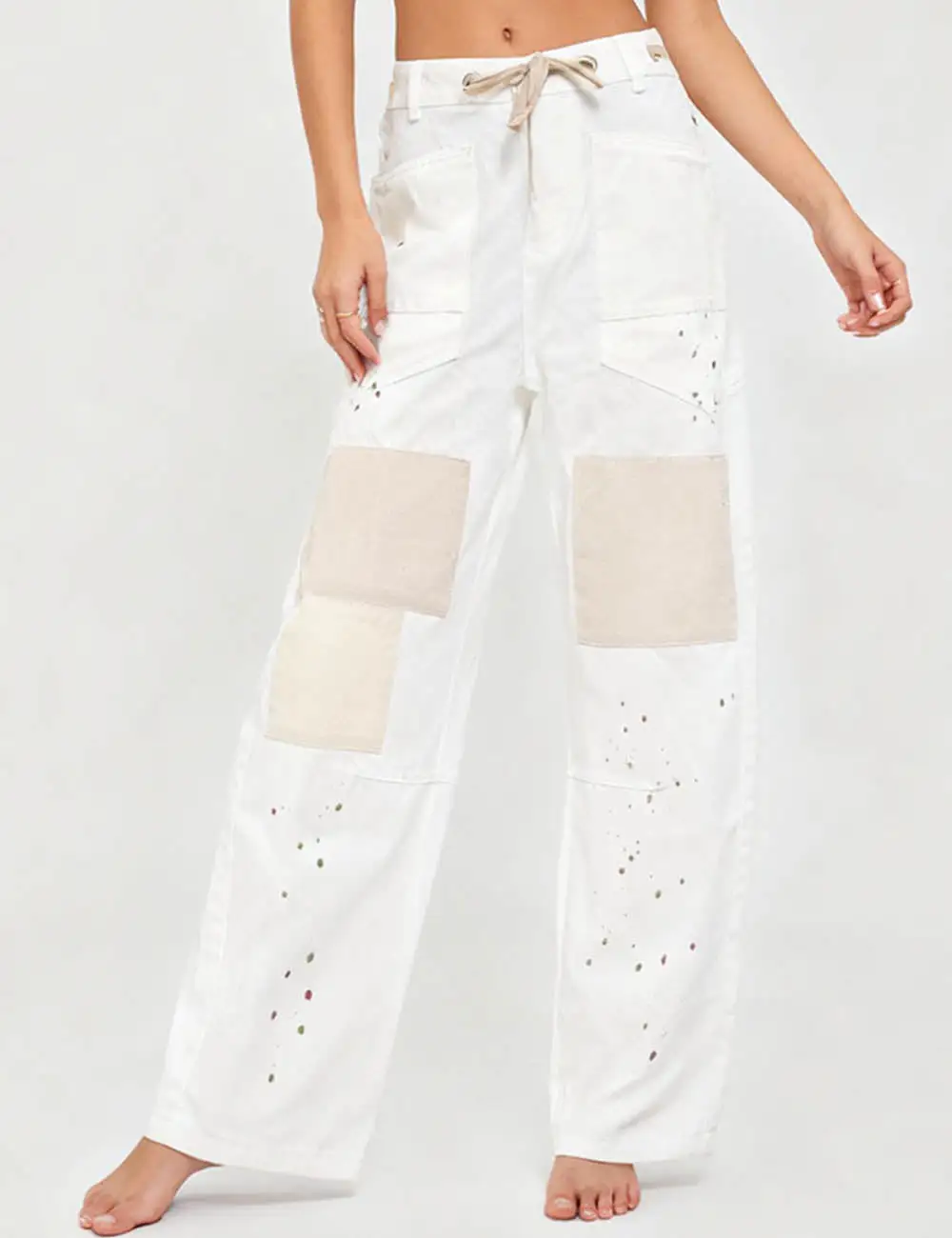 Paint Splatter Patchwork Drawstring Denim Pants