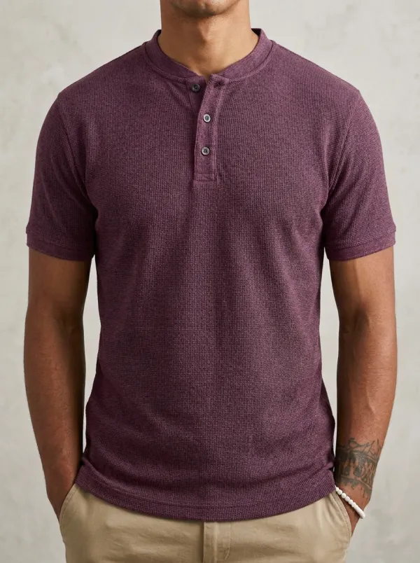 Men's Waffle Knit Button Placket Henley Shirt