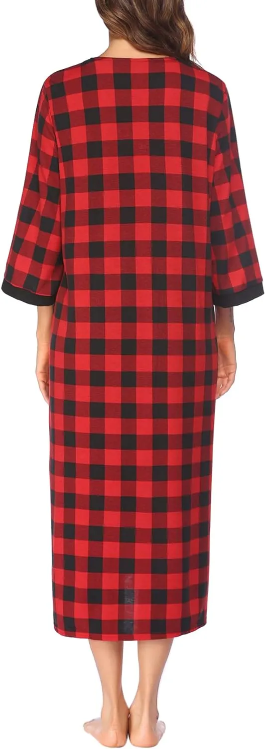 50% OFF Women Zipper Robe 3/4 Sleeves Loungewear Dress Full Length Sleepwear Pockets Housecoat Nightgown Long Bathrobe