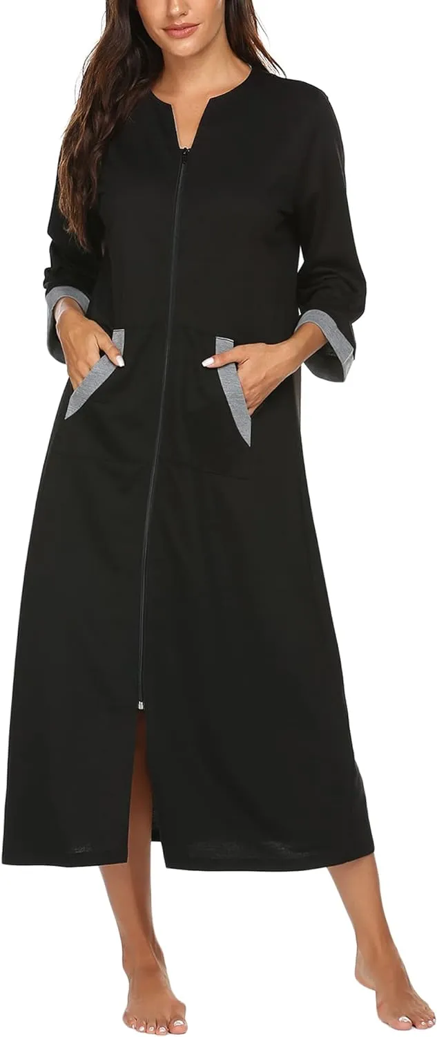 50% OFF Women Zipper Robe 3/4 Sleeves Loungewear Dress Full Length Sleepwear Pockets Housecoat Nightgown Long Bathrobe
