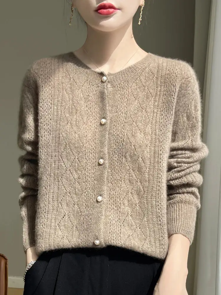 Merino-Wool Wool Pearl-Button Crew-Neck Cardigan