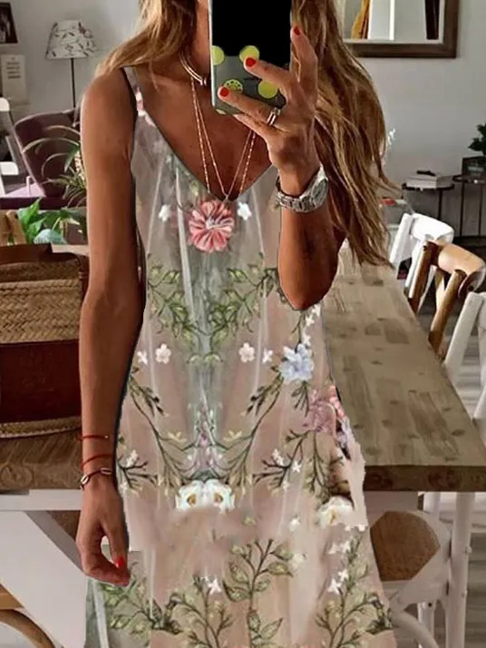 Casual Floral Print V-Neck Sleeveless Maxi Dress