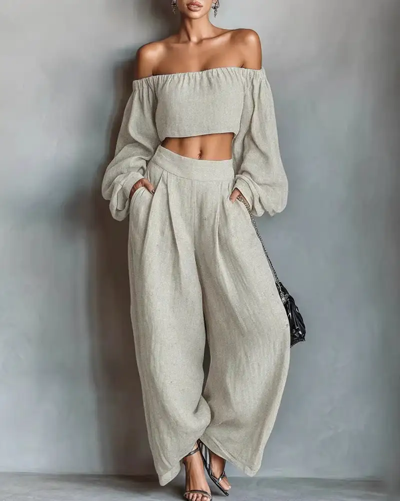Off-Shoulder Crop Top and Wide Leg Pants Two-Piece Set