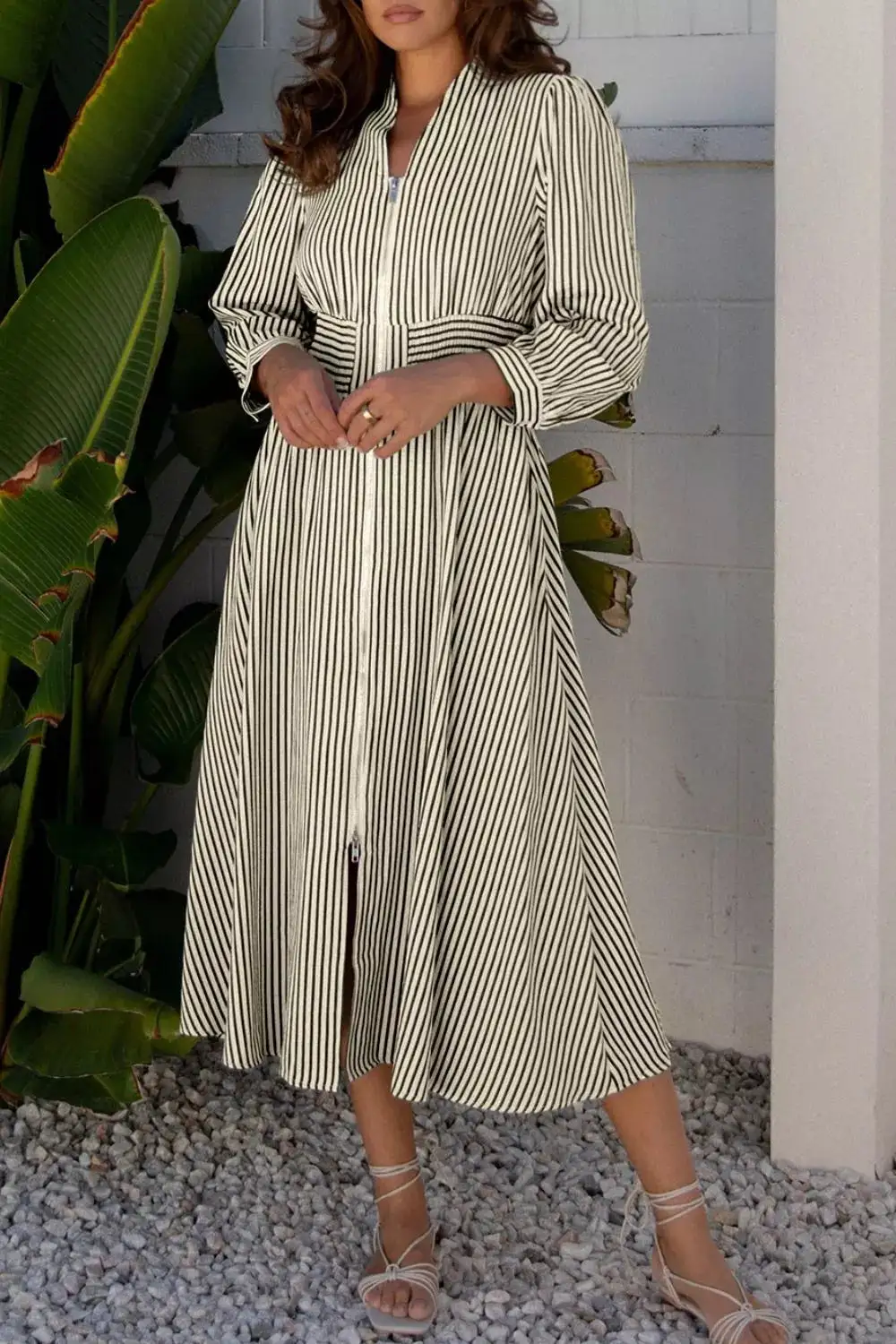 Striped V Neck Zip Front Midi Dress