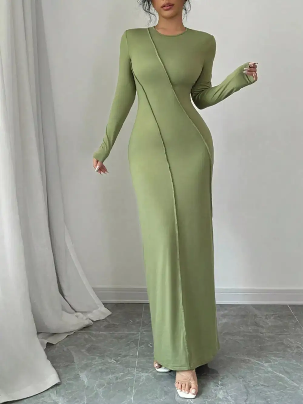 Textured Detail Long Sleeve Maxi Dress