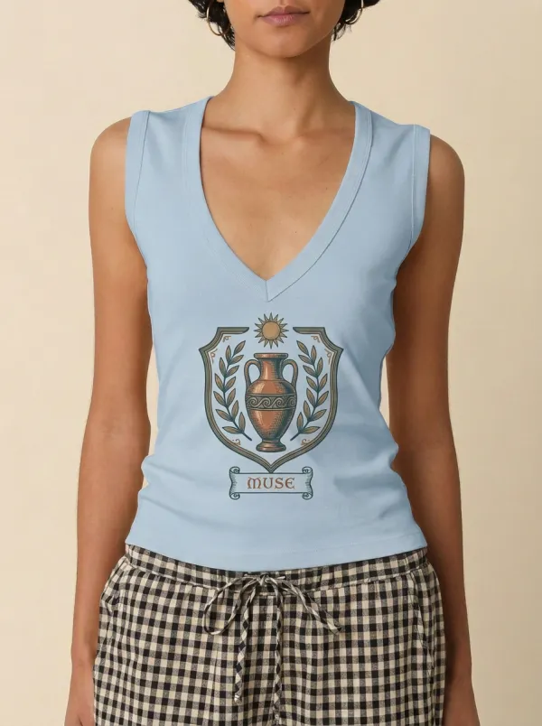 Women's Greek Mythology Muse Vase Shield Printed Tank Top