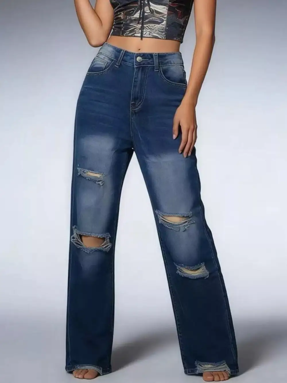 Classic Wide Leg Distressed Denim Jeans