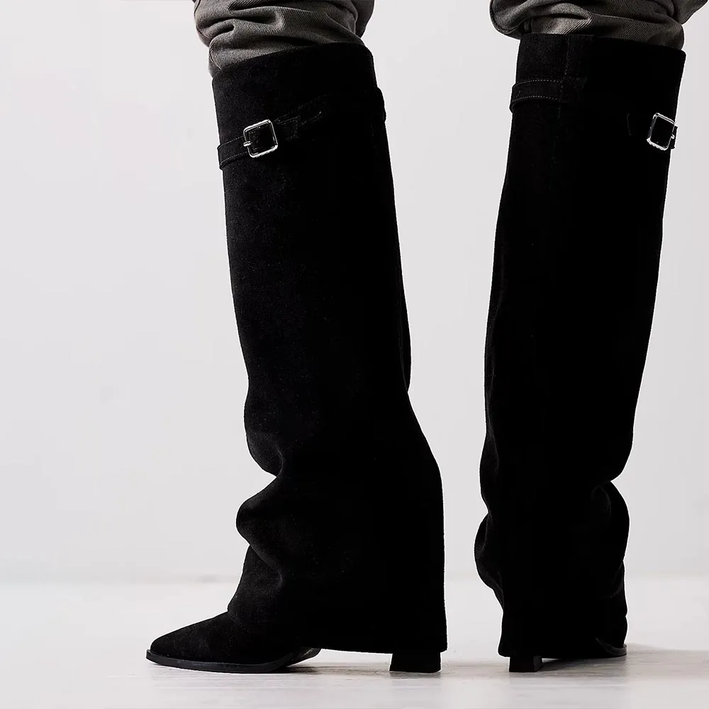 Faux-Suede Strappy Pointed-Toe Chunky-Heel Knee-High Boots