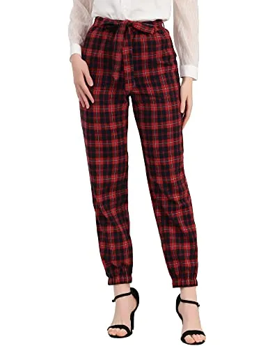 Women's Plaid Sweatpants Casual Tapered Tie High Waisted Tartan Pants with Pockets