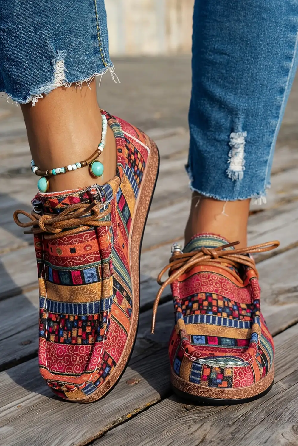 Western Print Faux Suede Lace-Up Slip-On Sneakers