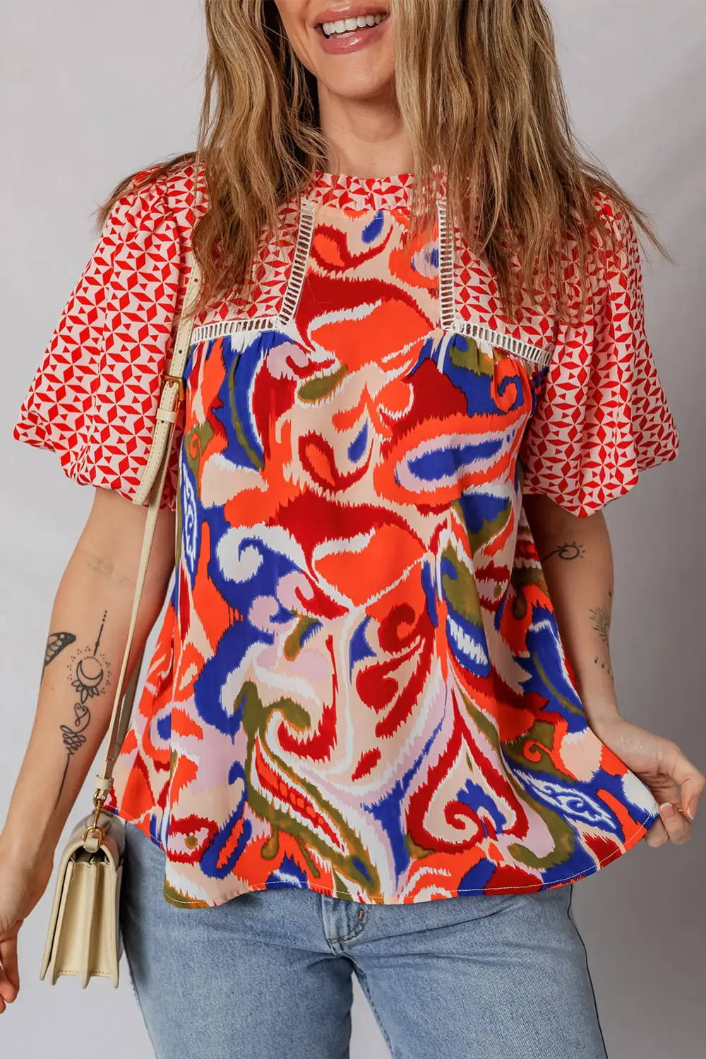Red Paisley Geometric Mixed Print Patchwork Puff Sleeve Blouse Top
