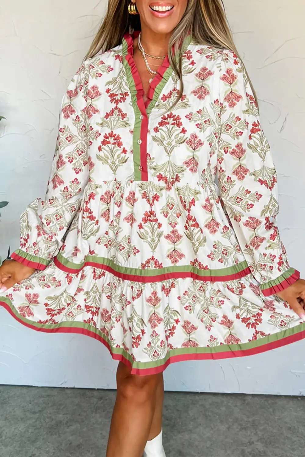 Textured Detail Floral Printed Ruffle Dress