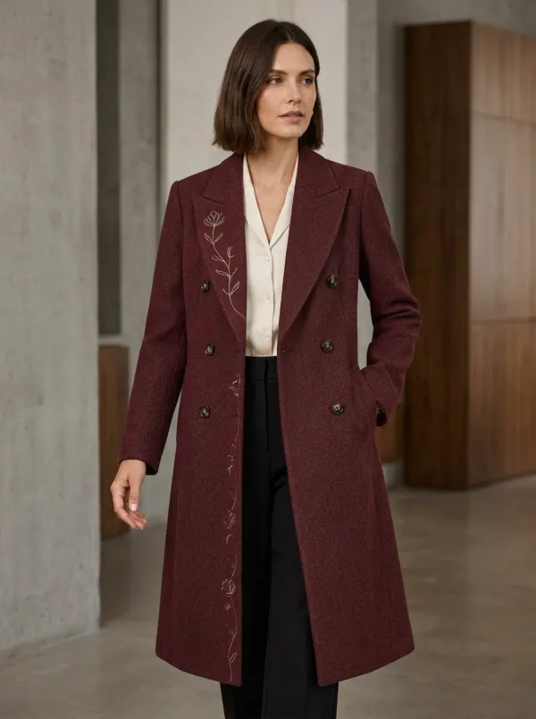 Women's Floral Embroidered Charcoal Wool Coat