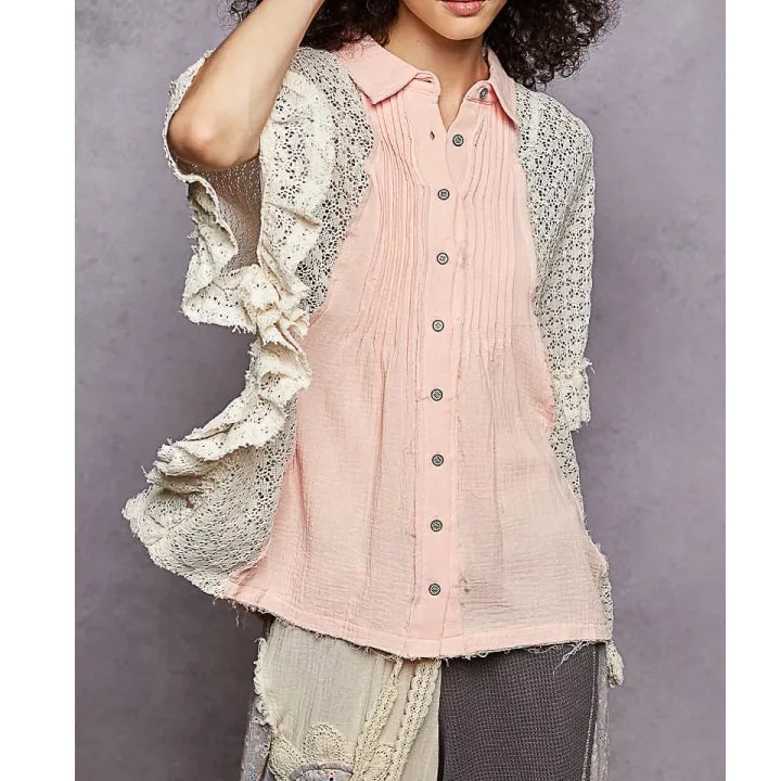 Button Down Front Pleated Shirt with Crochet Patch