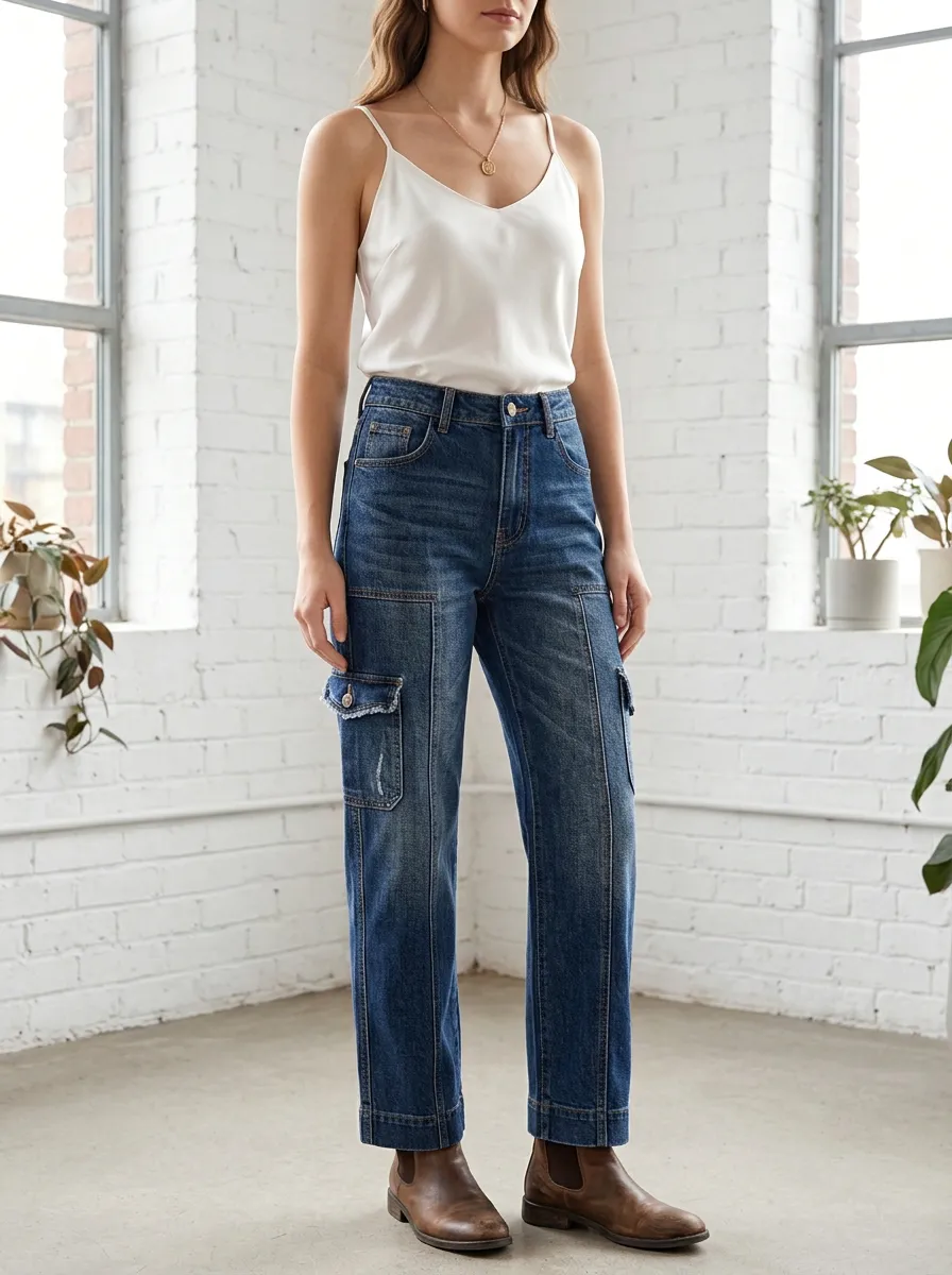 Women's Classic Casual High-Waisted Cargo Pocket Denim Straight Jeans