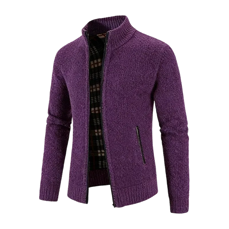 Men's solid color long zip-up stand collar cardigan - grecae