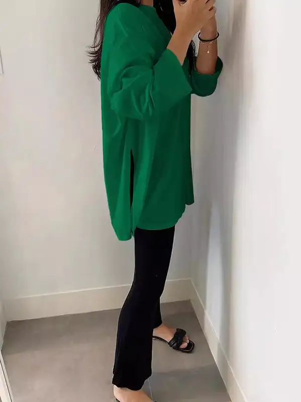 High Low Long Sleeve Panel Detail Side Slit Round Neck T-Shirt
