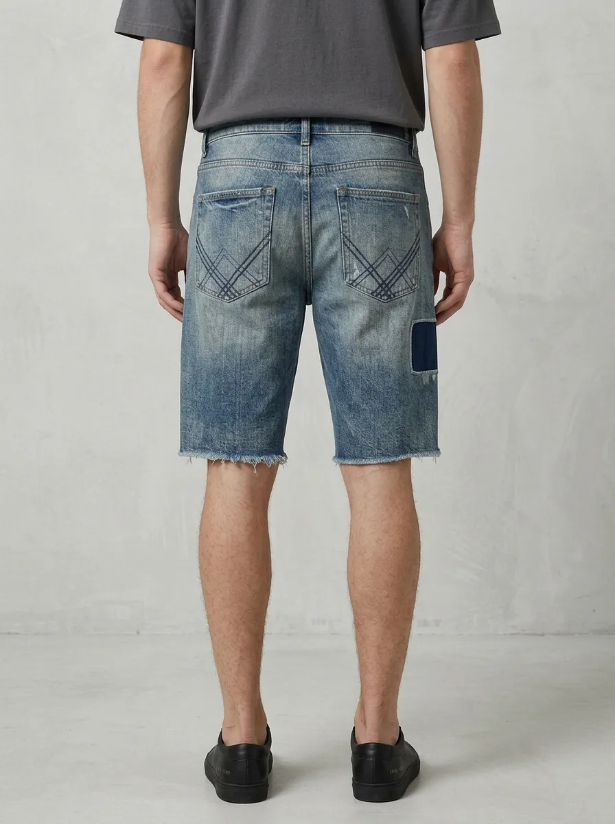 Men's Modern Geometric Distressed Raw Hem Street Inspired Distressed Denim Shorts