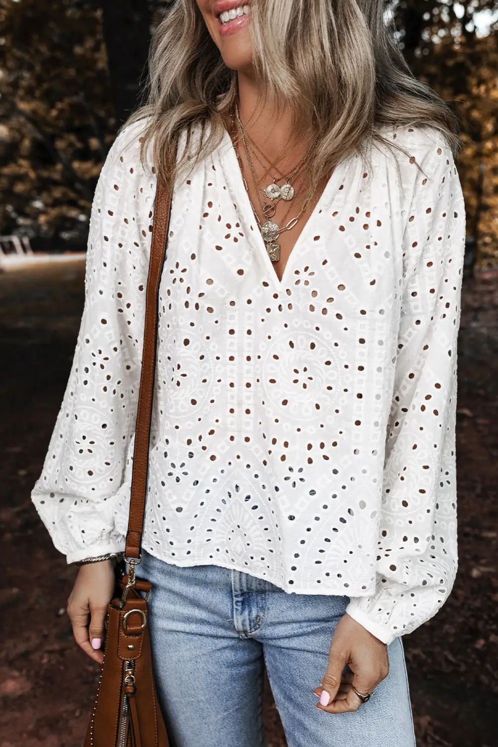 White Eyelet Embroidered Puff Sleeve V Neck Blouse