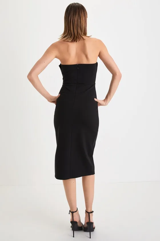 Bring the Poise Black Strapless Bow Midi Dress