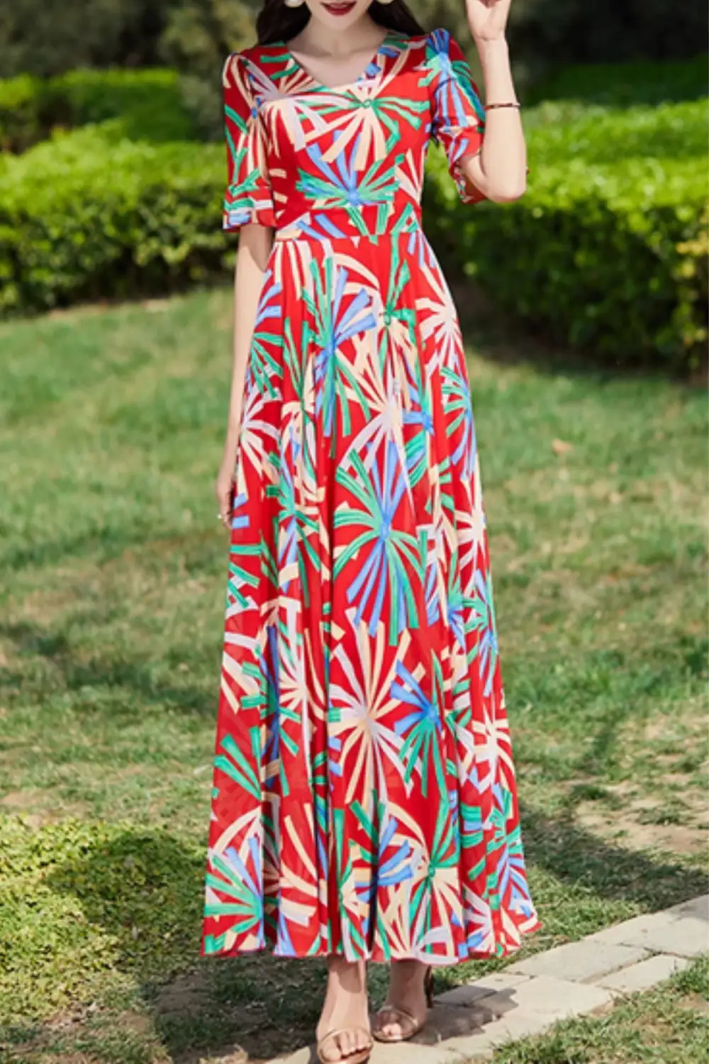 Floral Chiffon Ruffle V Neck Short Sleeve Maxi Dress