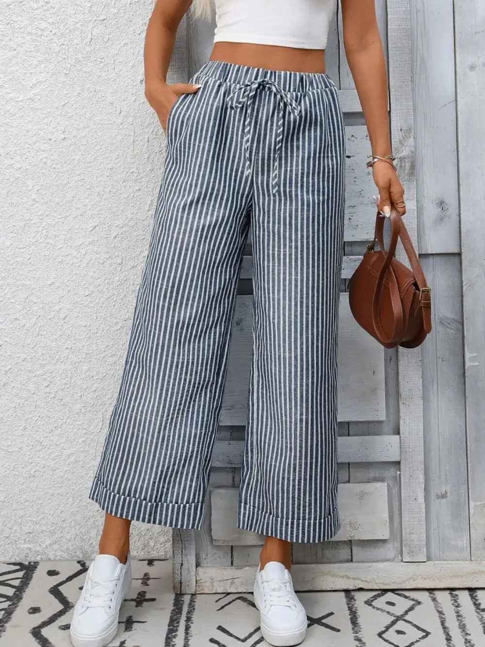 Wide Leg Striped Drawstring Pocketed Pants