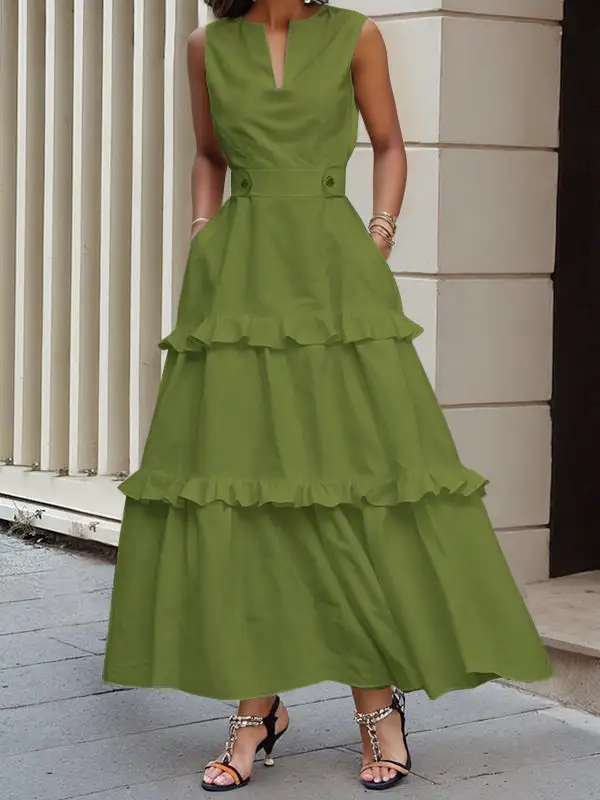 High Pleated Buttoned Neck Maxi Dress