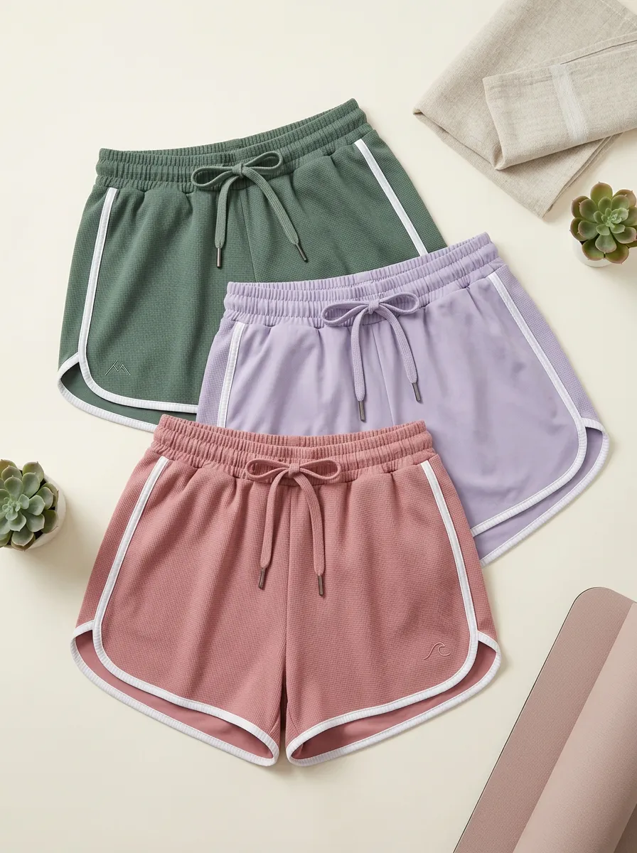 Women's Athletic Waffle Knit Drawstring Contrast Trim Sports Shorts 3-Pack