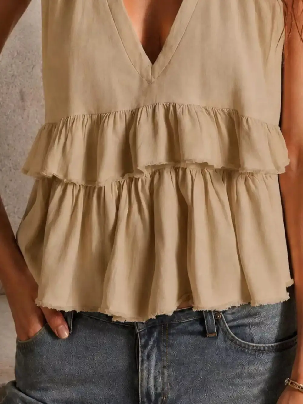 Ruffled V Neck Sleeveless Top