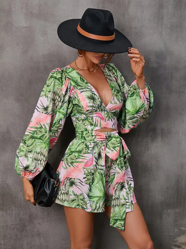 Hollowed Out Long Sleeved V Neck Shorts