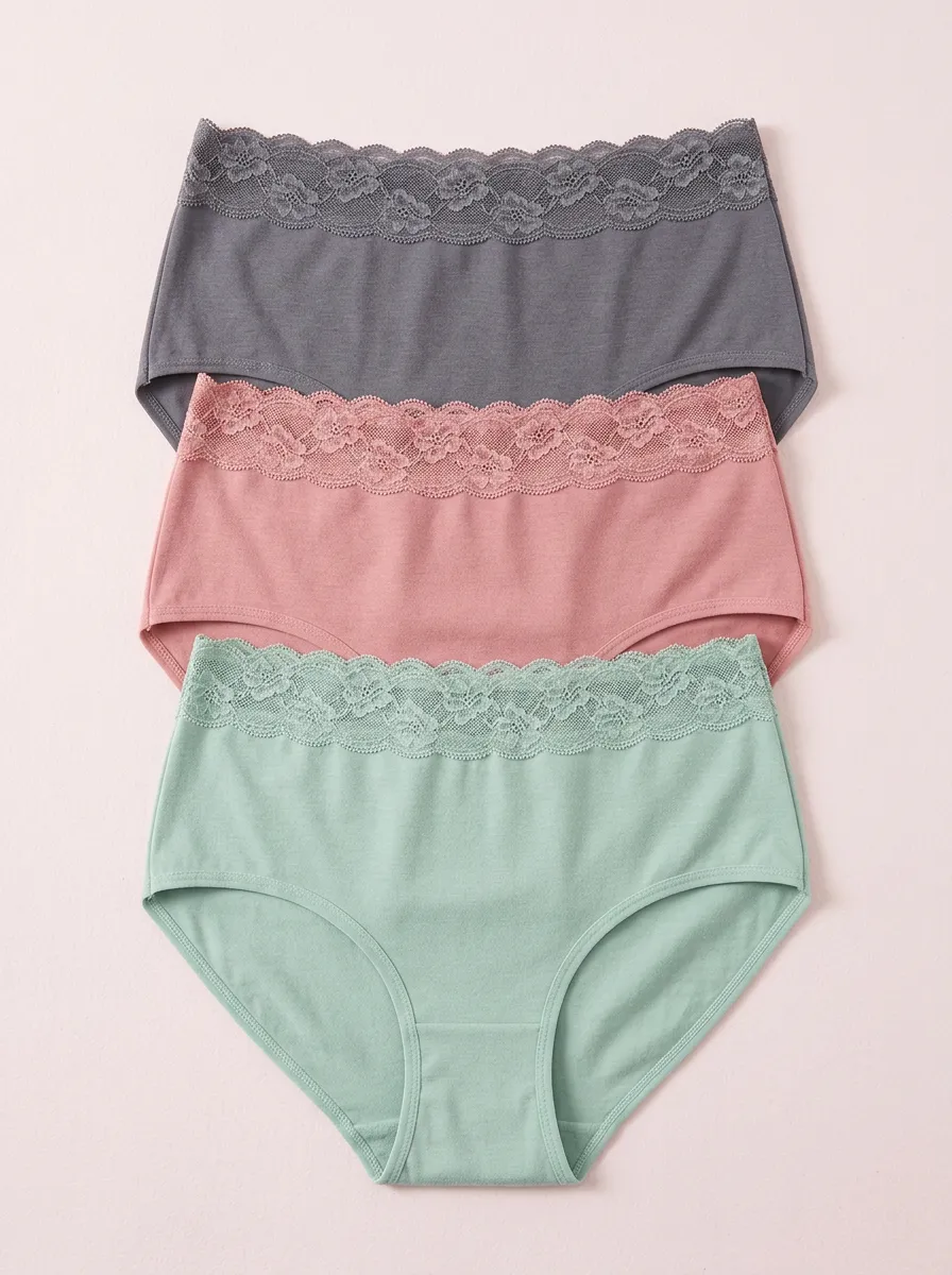 Cotton Lace-Trim High-Waist Women's Three-Piece Panty Set