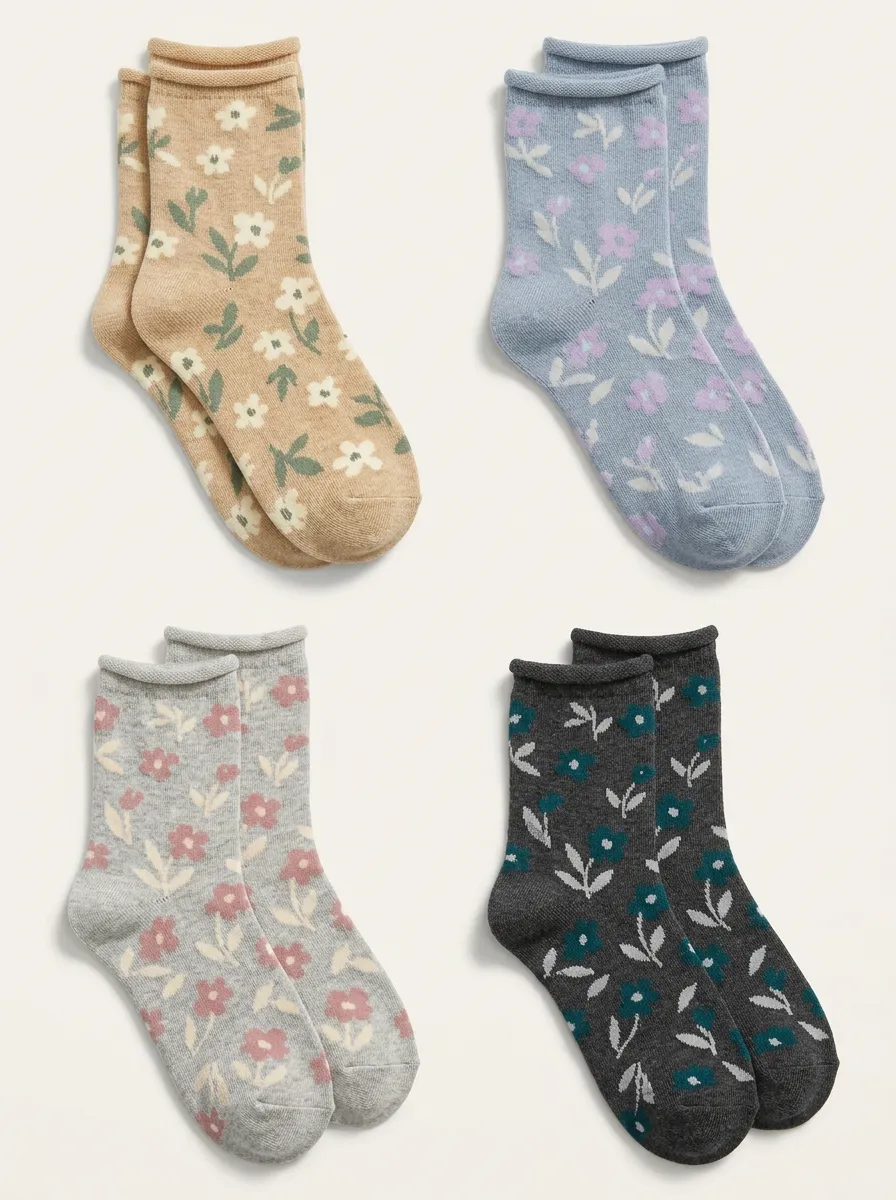 Women's Rolled Edge Floral Crew Socks Four Pair Set