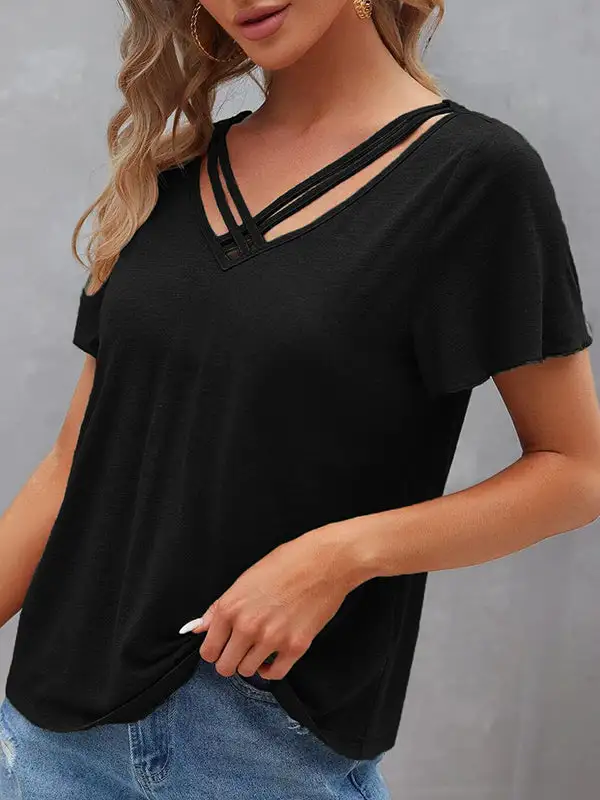 Relaxed Curve Fit Cutout Panel Detail V-Neck Polyester T-Shirt