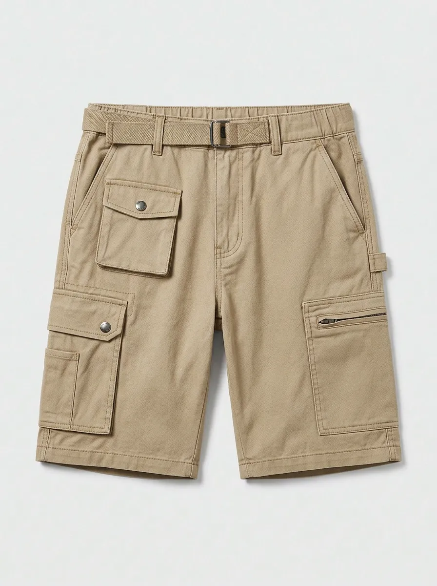 Men's Outdoor Utility Khaki Multi-Pocket Belted Cargo Shorts