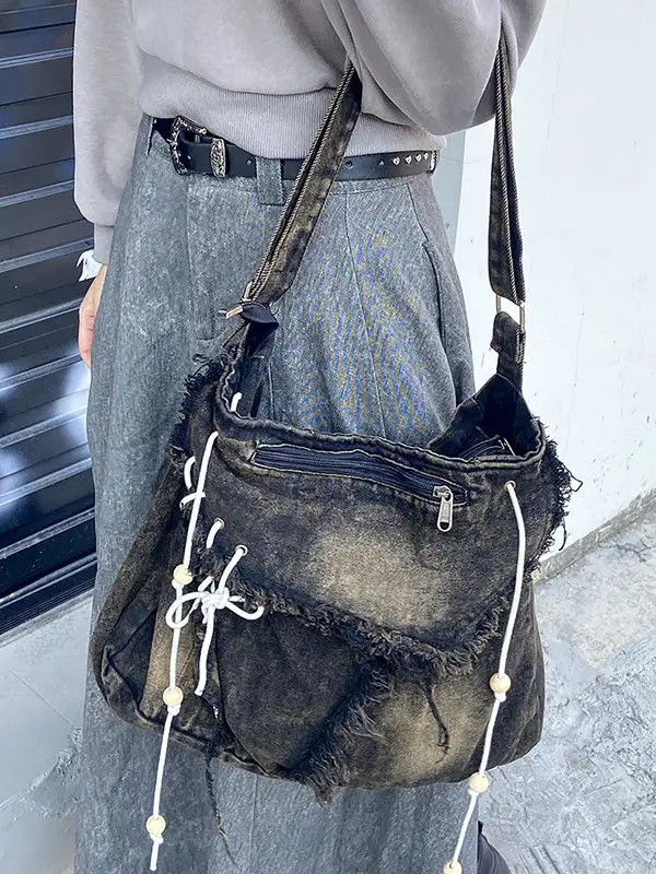 Drawstring Fringed Split-joint Bag Crossbody Bag