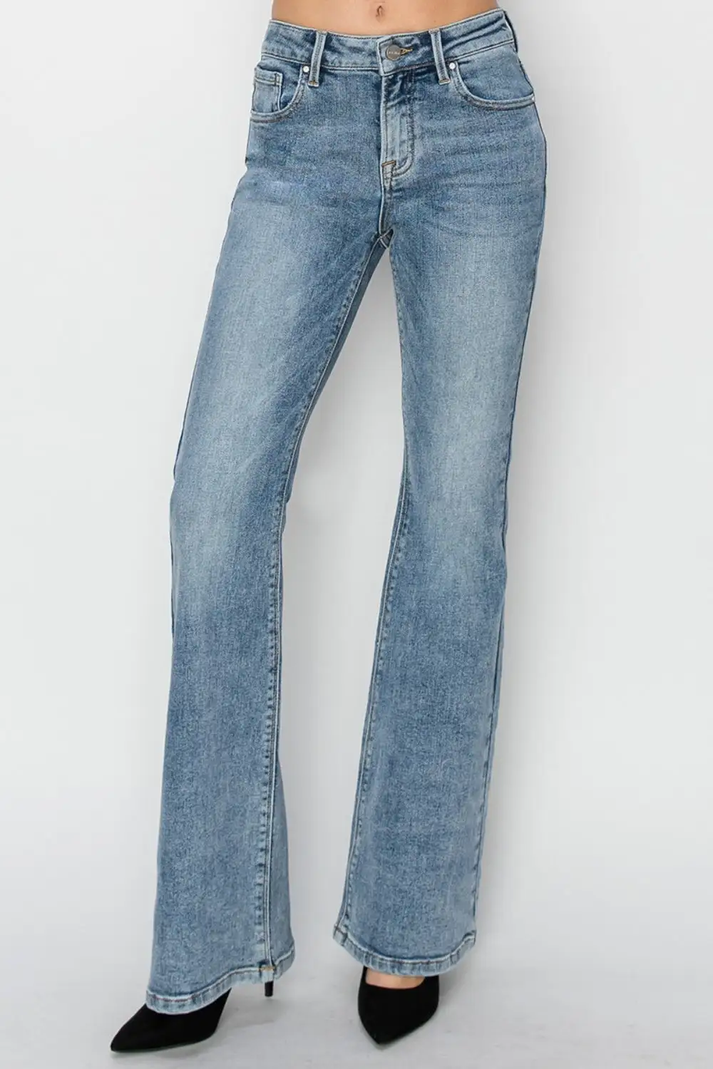 Pocketed Mid Rise Flare Leg Denim Jeans
