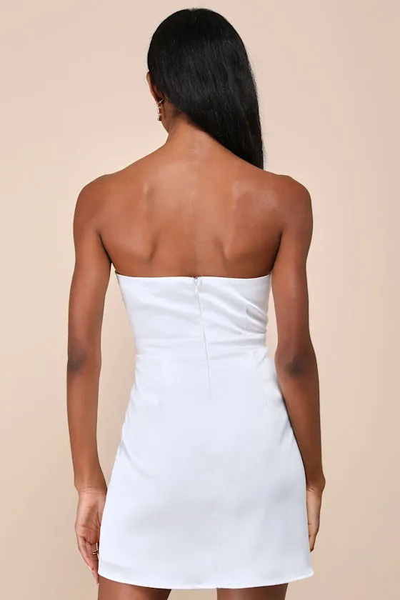 Adorable Chicness White Satin Strapless Bow Mini Dress