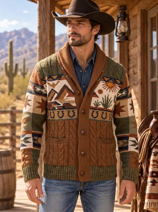 Range Rider Horseshoe Horse Desert Design Men's Western Cardigan
